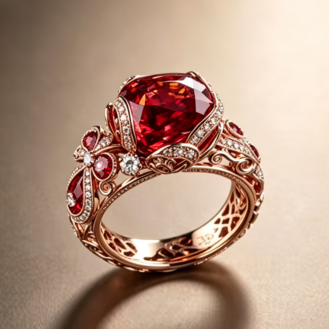 Vintage Ruby Gemstone Ring, Ornate Filigree Carved Statement Ring, Luxury Jewelry for Women