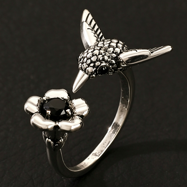 Vintage Nature Inspired Hummingbird &amp; Butterfly Flower Ring, Artistic Open Statement Rings for Women