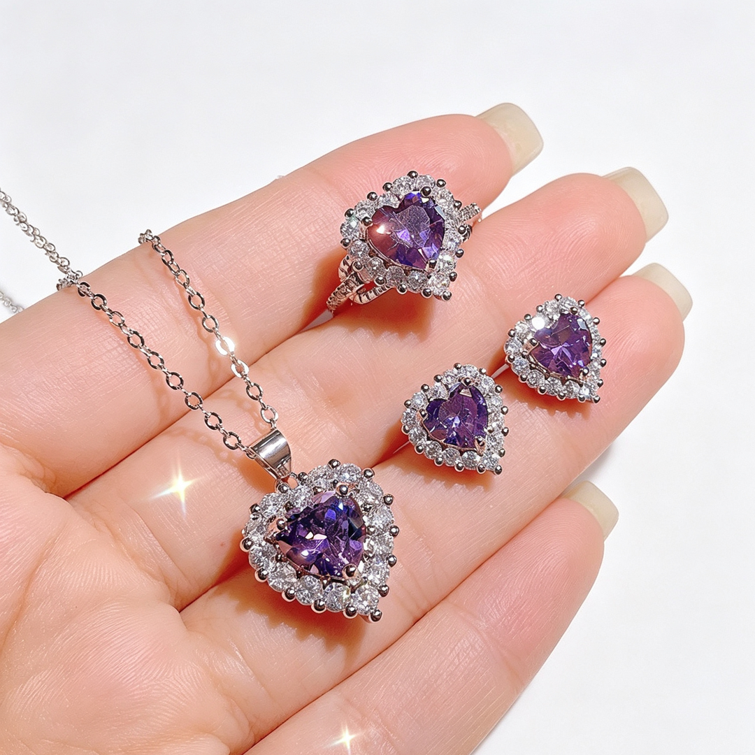 Heart Gemstone Jewelry Set, Elegant Matching Necklace Ring Earrings Set for Women