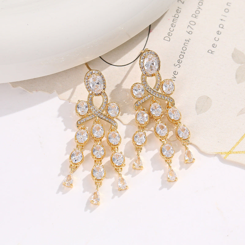 Long Tassel Halo Gemstone Drop Earrings Collection, Silver & Gold Tone Formal Statement Jewelry