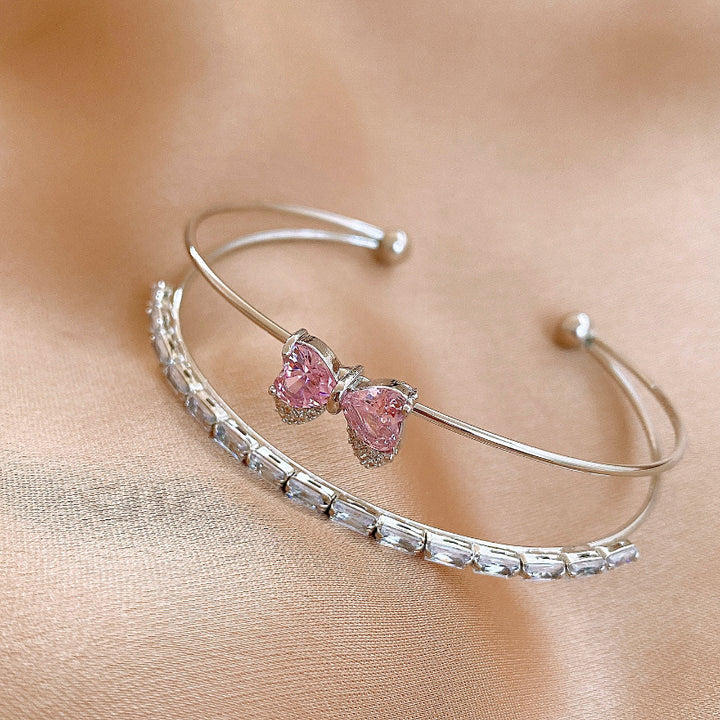 Double Layer Butterfly Diamond Open Cuff Bangle, Heart Stone Bow Stackable Bracelet