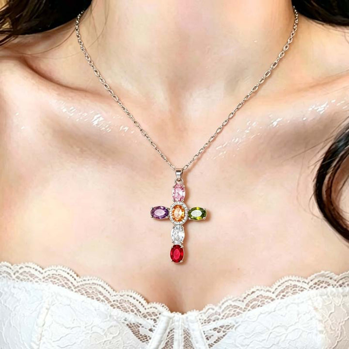 Colorful Gem Cross Pendant Necklace, Ideal for Birthday &amp; Christmas Gift for Women