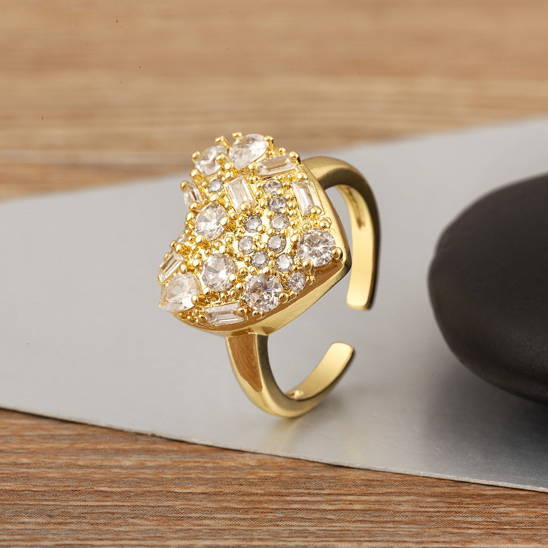 Glam Heart Shape Statement Open Ring, Sparkling Inlaid Diamond Design, Multiple Styles Available