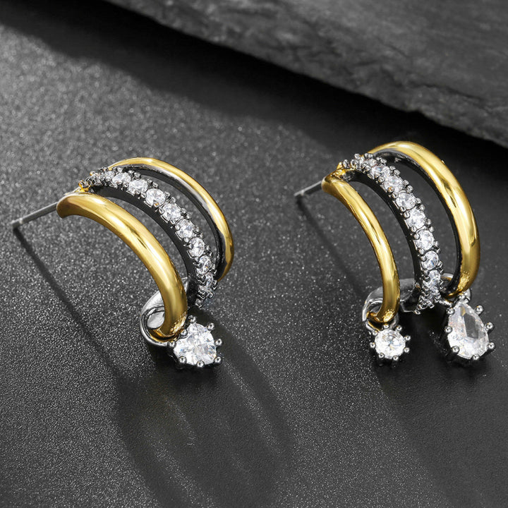 Multi‑Layer Hoop Teardrop Earrings, Two‑Tone Gold Tone With Sparkling Dangling Diamond Charms