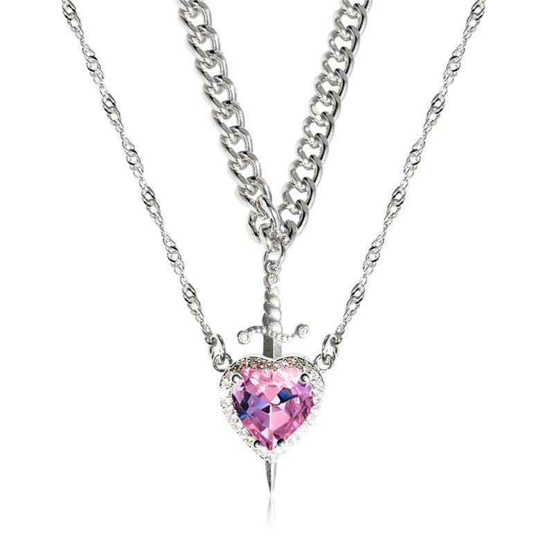 Double Layer Sword Through Heart Gem Necklace, Gothic Halo Gem Stack Pendant Chain