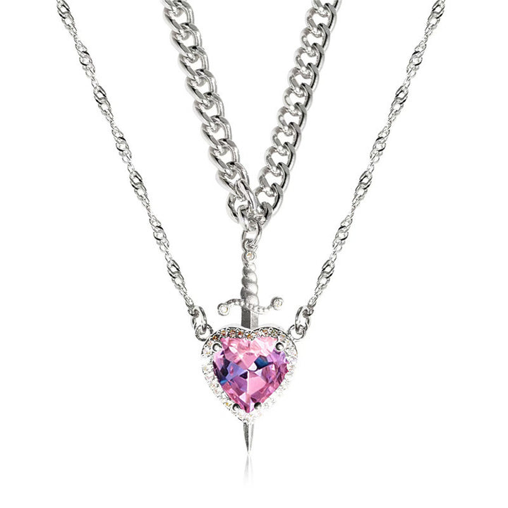 Double Layer Sword Through Heart Gem Necklace, Gothic Halo Gem Stack Pendant Chain