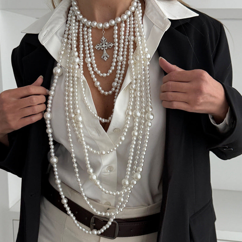 Multi‑Layer Oversized Pearl Statement Necklace, Layered Pearl Vintage Luxury Necklace