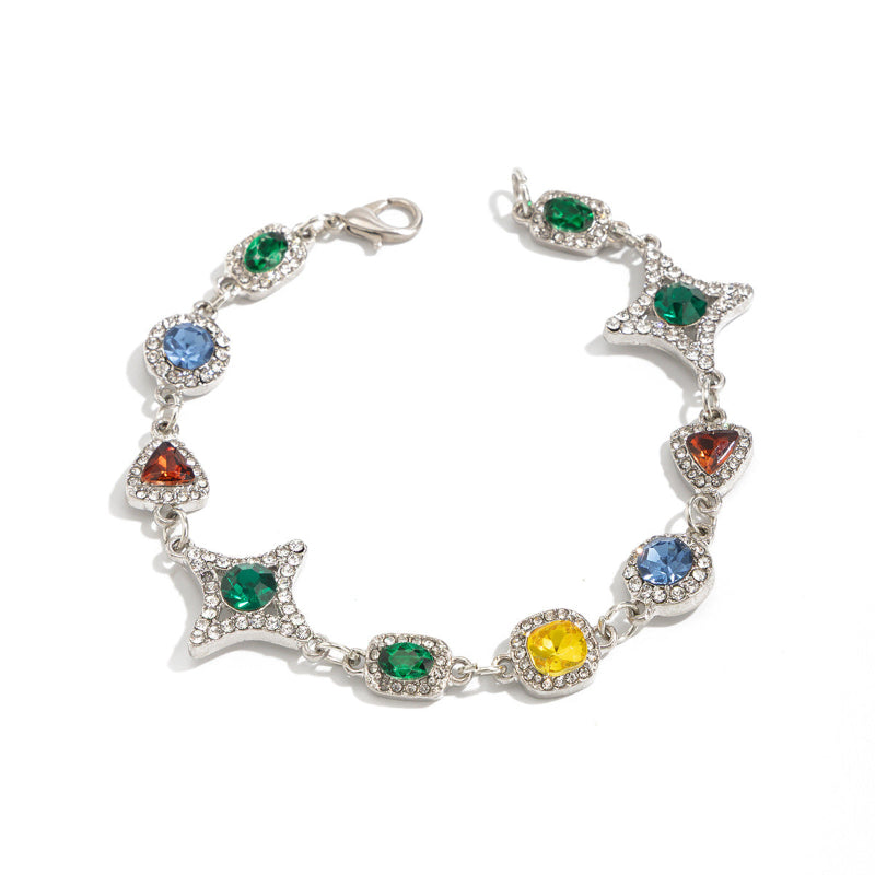 New Men's Colored Gemstone Cross Necklace and Bracelet, Colorful Gem & Diamond Star Link Jewelry Set