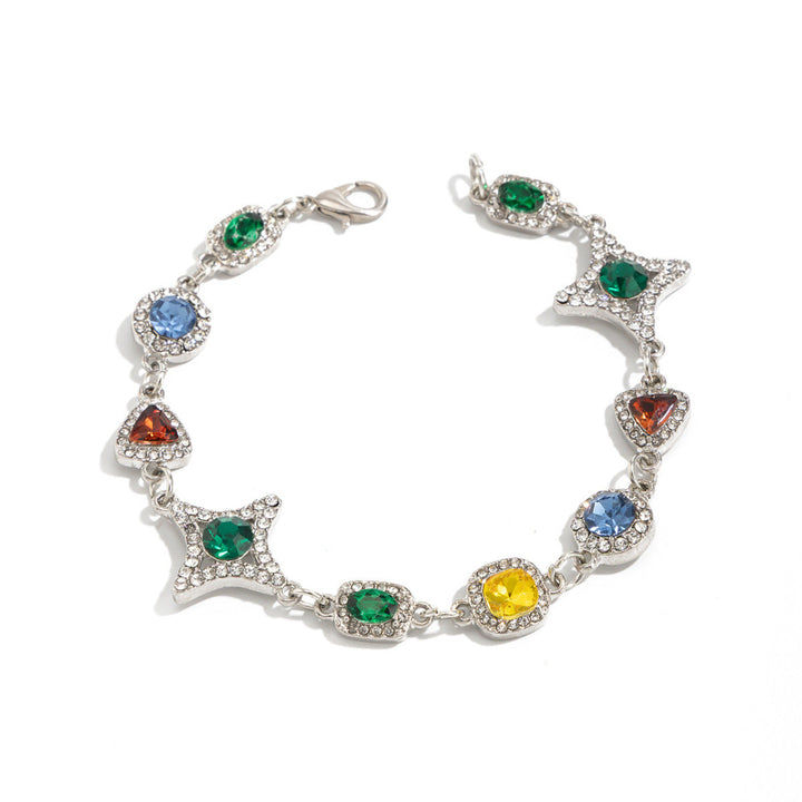 New Men's Colored Gemstone Cross Necklace and Bracelet, Colorful Gem & Diamond Star Link Jewelry Set