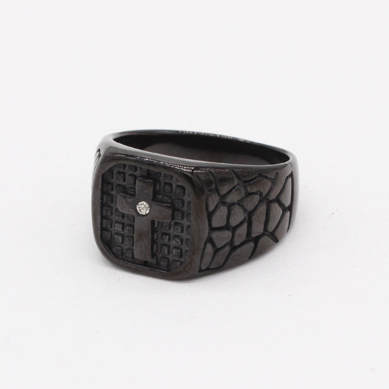 Vintage Textured Cross Signet Ring with Inlaid Diamond, Men’s Bold Statement Ring