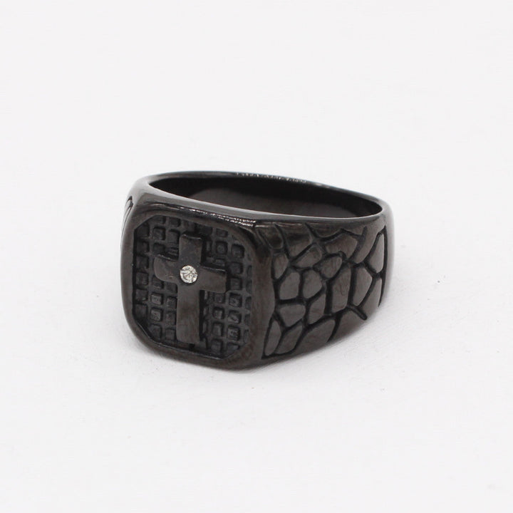 Vintage Textured Cross Signet Ring with Inlaid Diamond, Men’s Bold Statement Ring