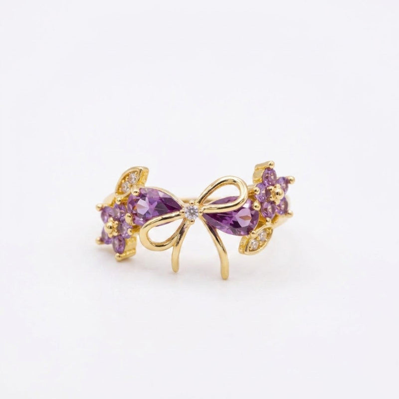 Floral & Bow Diamond Statement Rings, Tone Romantic Whimsical Adjustable open design