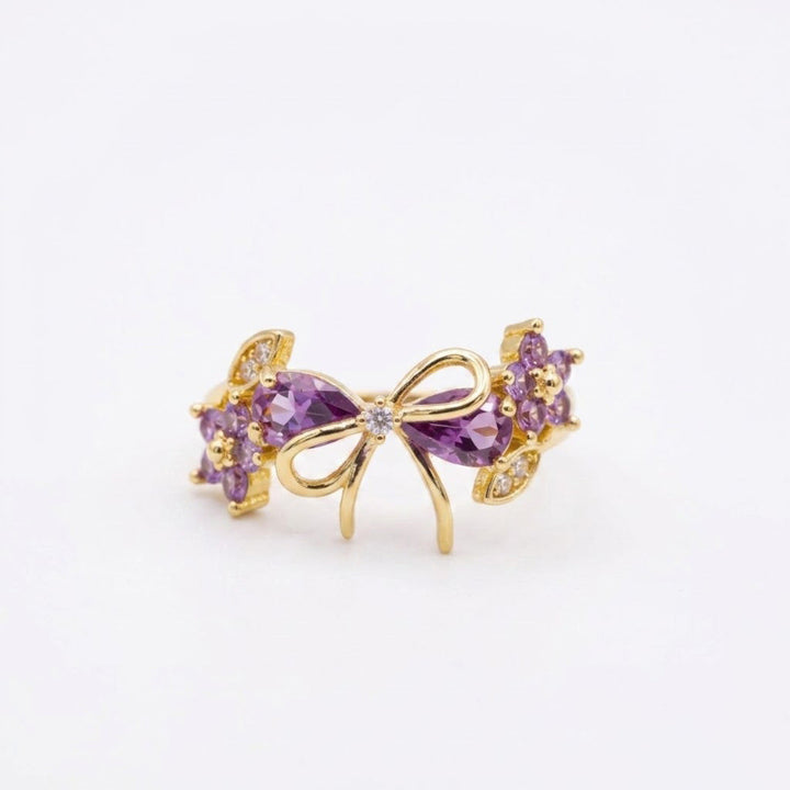 Floral & Bow Diamond Statement Rings, Tone Romantic Whimsical Adjustable open design