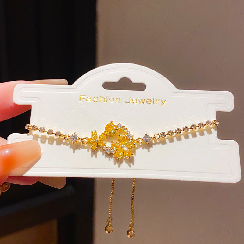 Colorful Floral Gem & Diamond Slider Adjustable Gold Bracelet, Delicate Bracelet for Women