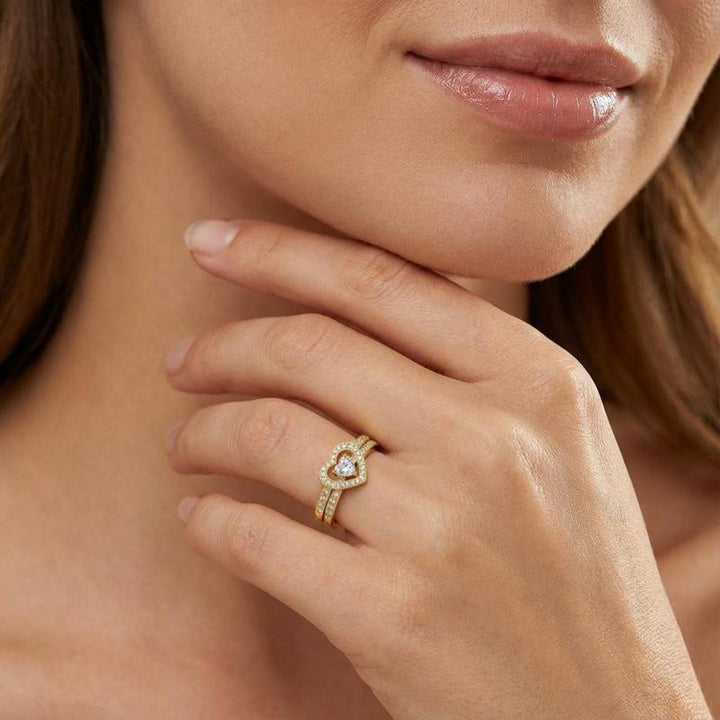 Heart Halo Stack Bridal Ring & Moss Agate Floral Rose Gold Ring Collection, Romantic Promise Ring Sets