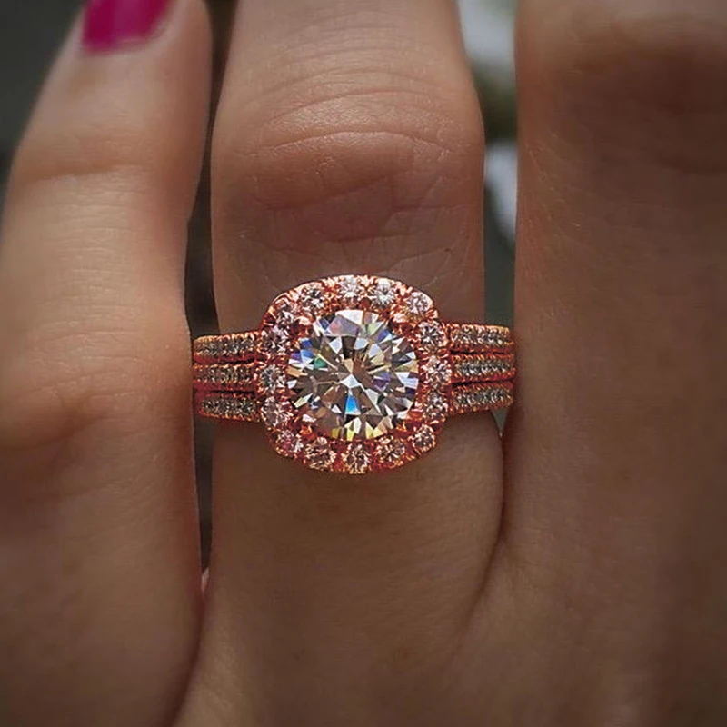 Cushion Double Halo Triple Pave Band Bridal Ring, Round Solitaire Engagement Wedding