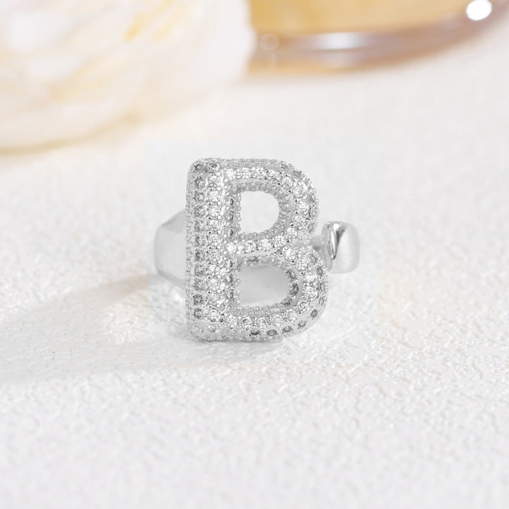 Adjustable Open Iced‑Out Initial Letter Diamond Ring, 26‑Alphabet Statement Unique Style Ring
