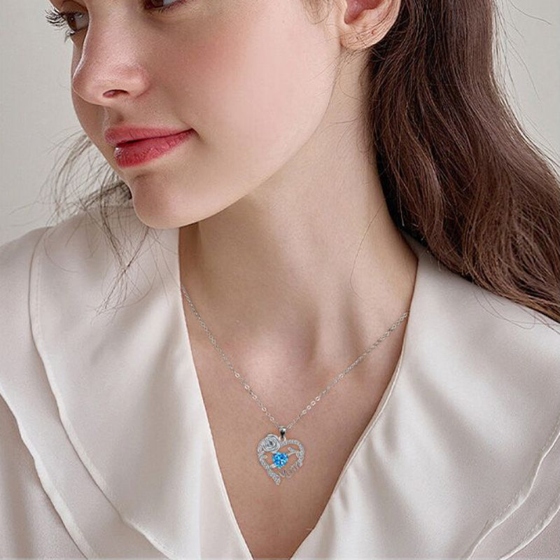 Mom Rose Heart Diamond Pendant Necklace, Hollow Open Heart Floral Jewelry Gift For Mother’s Day Birthday