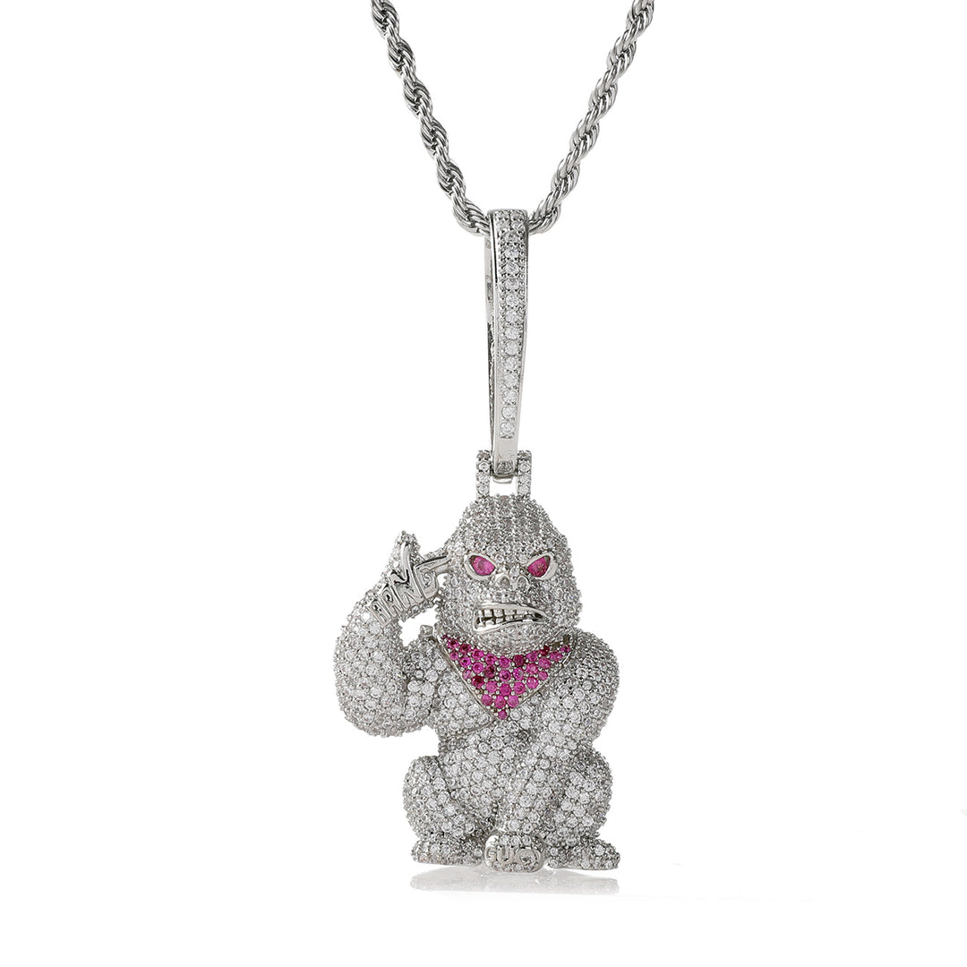 Iced Out Gorilla Hand Gun Pendant Necklace, 18K Gold Silver Hip Hop Rope Chain Jewelry