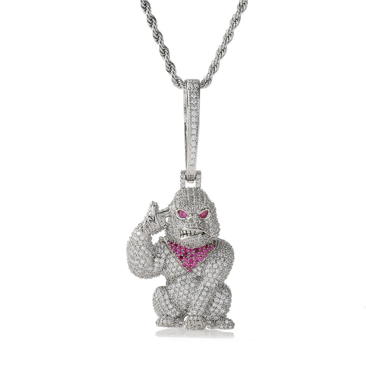 Iced Out Gorilla Hand Gun Pendant Necklace, 18K Gold Silver Hip Hop Rope Chain Jewelry