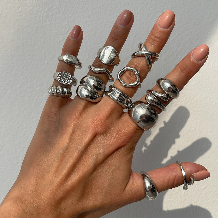 Irregular Abstract Stackable Gold/Silver Statement Ring Set, Handmade Textured Chunky Band Rings