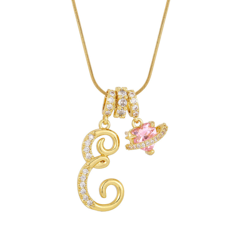 26 Letters Cursive Initial Pink Heart Planet Charm Gold Snake Chain Necklace