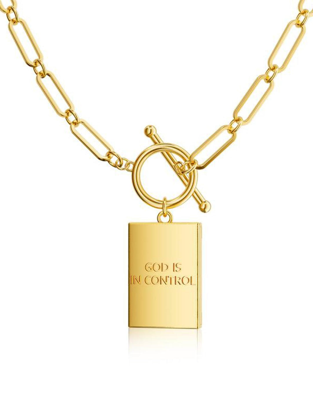 Paperclip Chain Toggle Clasp Rectangular Tag Pendant Necklace, Engraved Back Layerable Daily Fashion Jewelry