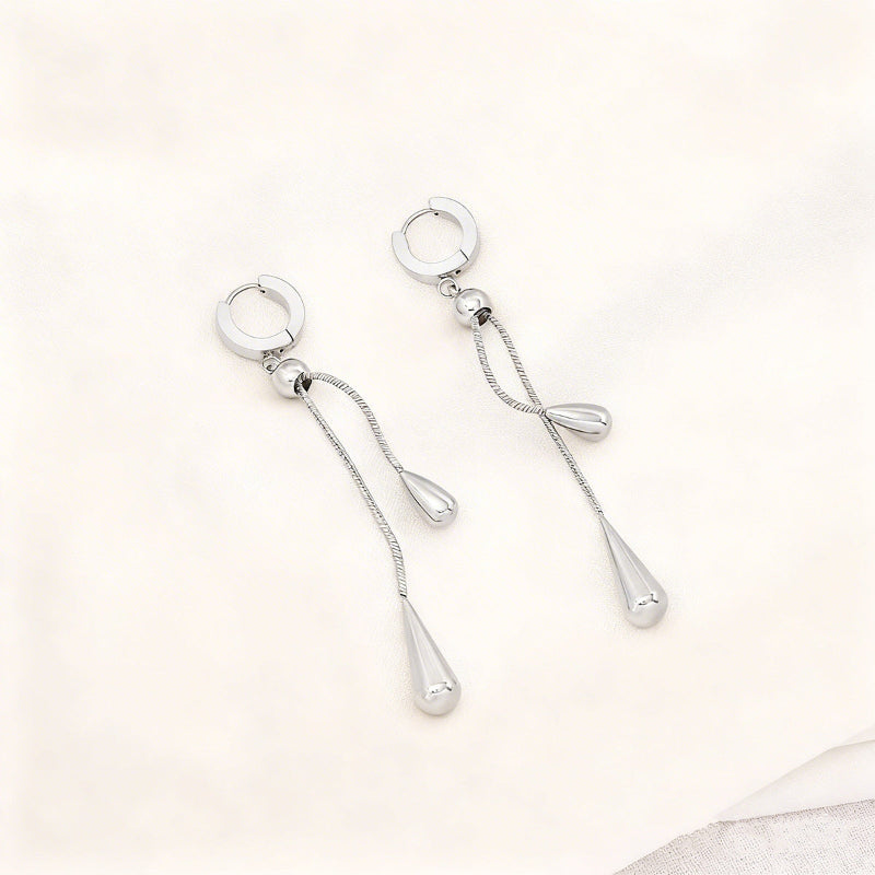 Teardrop Lariat Necklace & Huggie Drop Earring, 18K Gold Silver Minimal Water Drop