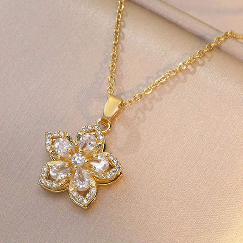 Multi-Color Gem Flower Pendant Necklace, Rotating Floral Diamond Necklace Elegant Women Daily Jewelry