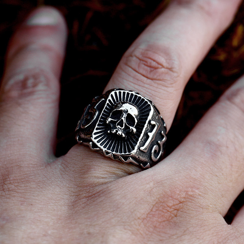 Vintage 3D Skull Signet Ring, Antique Oxidized Symbol‑Engraved Unisex Biker Statement Ring
