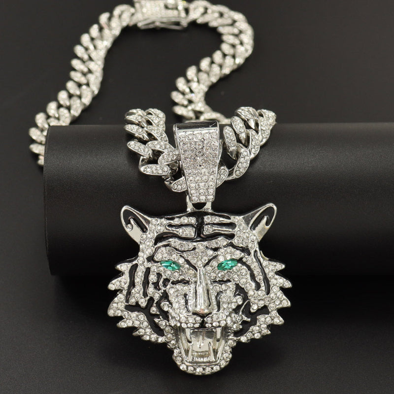 Hip-hop Style Iced‑Out Roaring Tiger Head Diamond Pendant with Cuban Link Chain