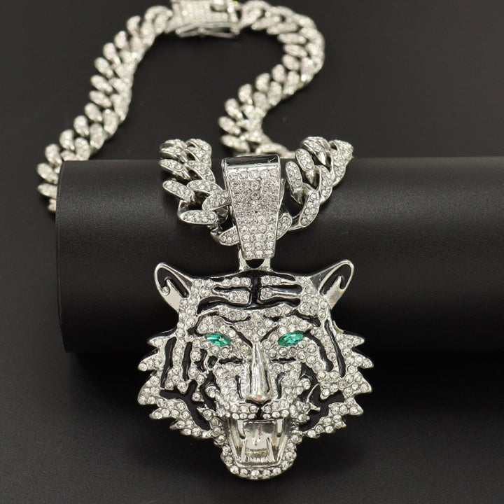 Hip-hop Style Iced‑Out Roaring Tiger Head Diamond Pendant with Cuban Link Chain