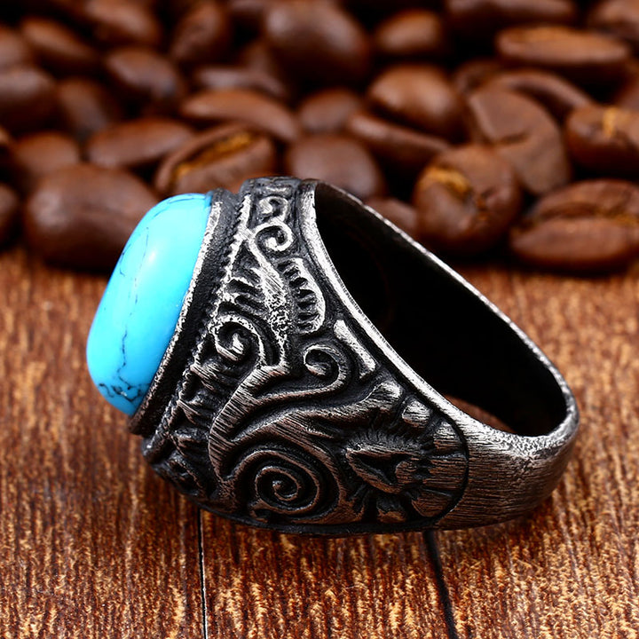 Vintage Carved Signet Ring, Oval Turquoise &amp; Black Onyx Gemstone Men’s Statement Ring