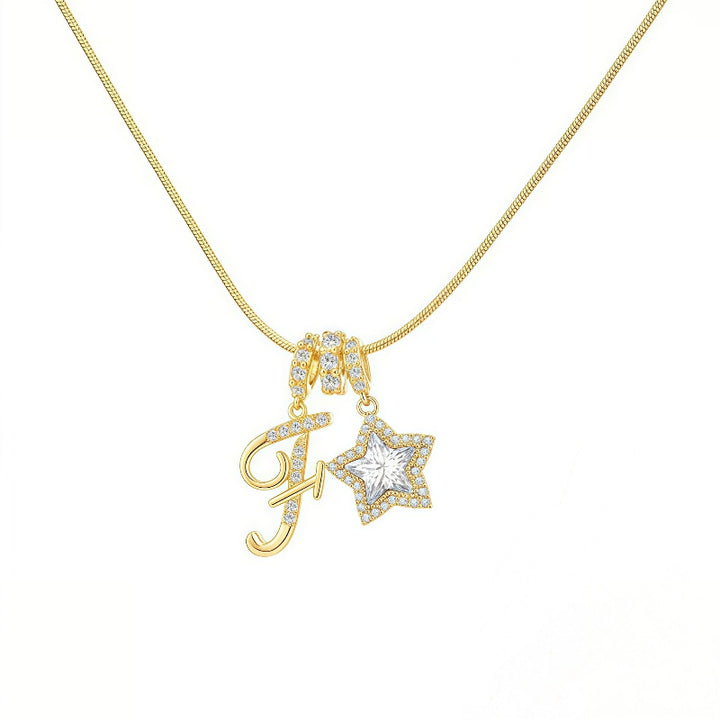 Cursive Initial Letter Diamond Star Pendant Necklace, 26‑Alphabet Snake Chain Necklace