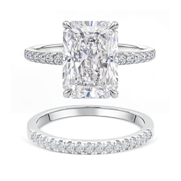 4 Prong Radiant Cut Half Pave Diamond Bridal Stack Ring Set, 2-Tone Gold & Silver Wedding Band Combo