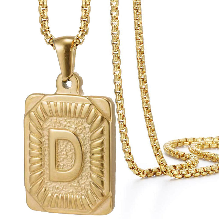 A-Z Vintage Sunburst Initial Tag Pendant Necklace, Personalized Men Women Hip Hop Stackable Statement Jewelry
