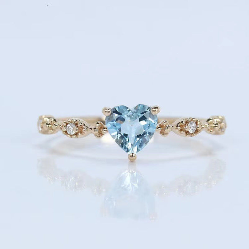 Vintage Heart‑Cut Blue Gem & Accent Diamond Promise Ring, Elegant Stackable Statement Ring