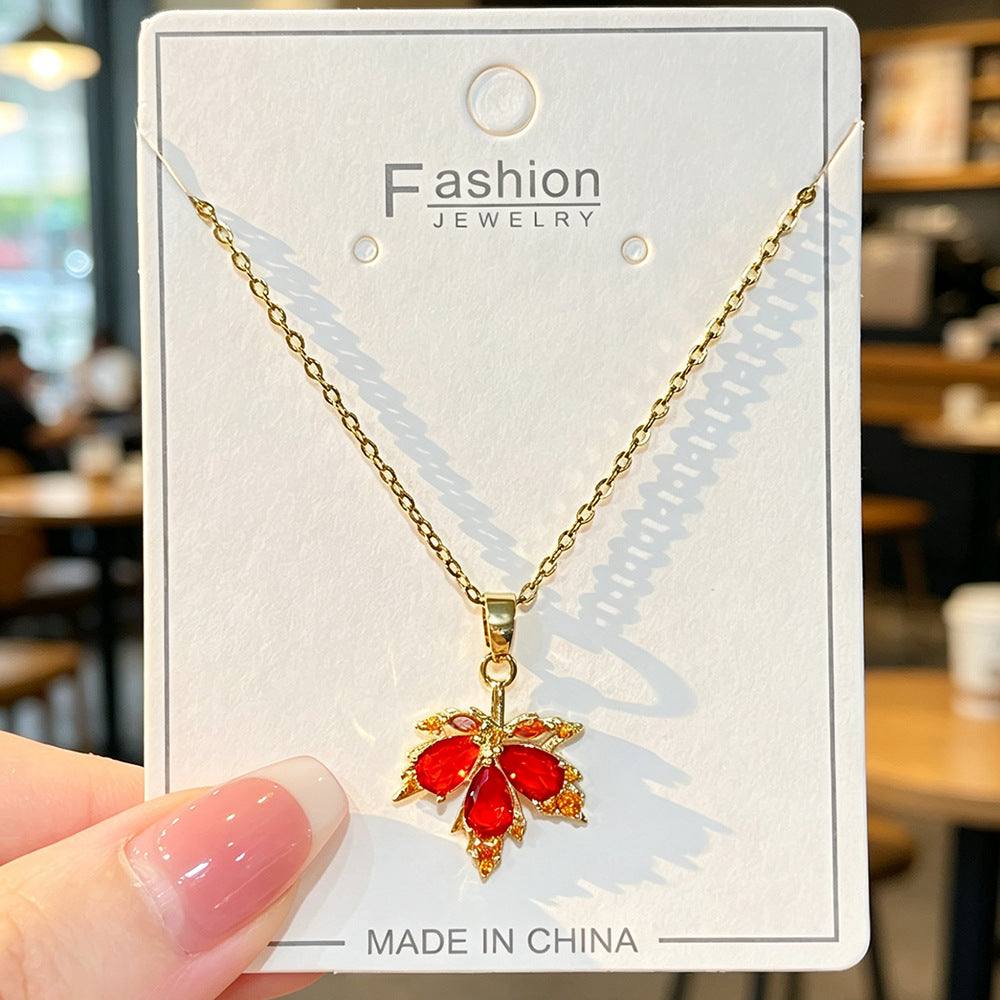 Sparkling Maple Leaf Jewelry Set, Red Stone Leaf Earrings &amp; Pendant Necklace for Women