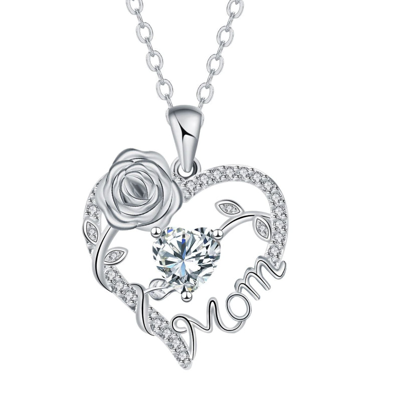 Mom Rose Heart Diamond Pendant Necklace, Hollow Open Heart Floral Jewelry Gift For Mother’s Day Birthday