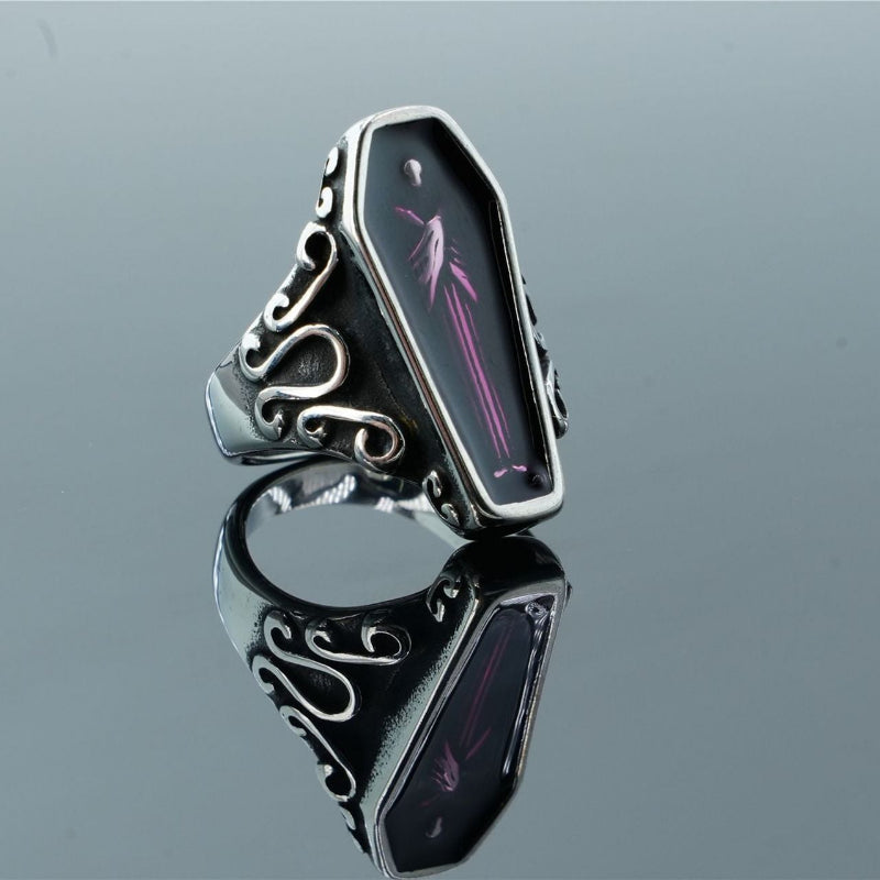 Gothic Coffin‑Shape Statement Ring, Vintage Scroll Engraved Dark‑Style Unisex Band Ring
