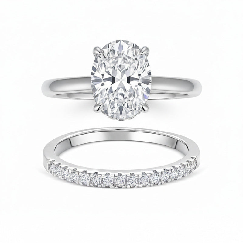 Oval 4-Prong Solitaire Engagement Ring, Pave V-Shaped Wedding Band Bridal Matching Stack Jewelry