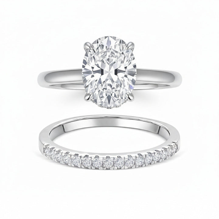 Oval 4-Prong Solitaire Engagement Ring, Pave V-Shaped Wedding Band Bridal Matching Stack Jewelry