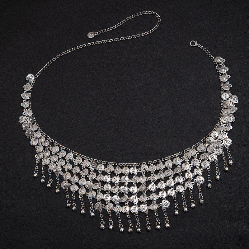 Vintage Coin Tassel Waist Chain, Adjustable Boho Layered Metal Belly Body Chain for Women