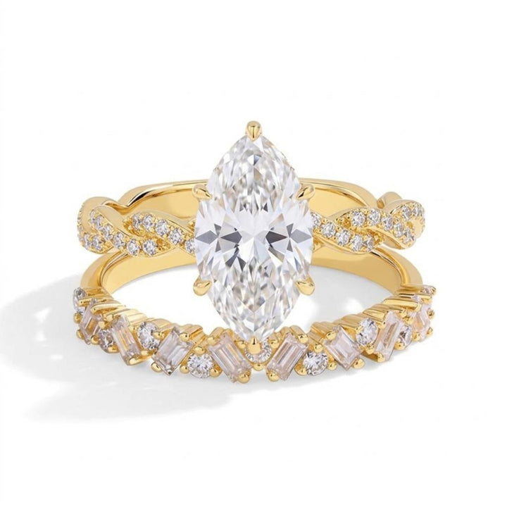Marquise Diamond Twisted Stack Ring Set, 2 Tone Matching Bridal Wedding Band Duo