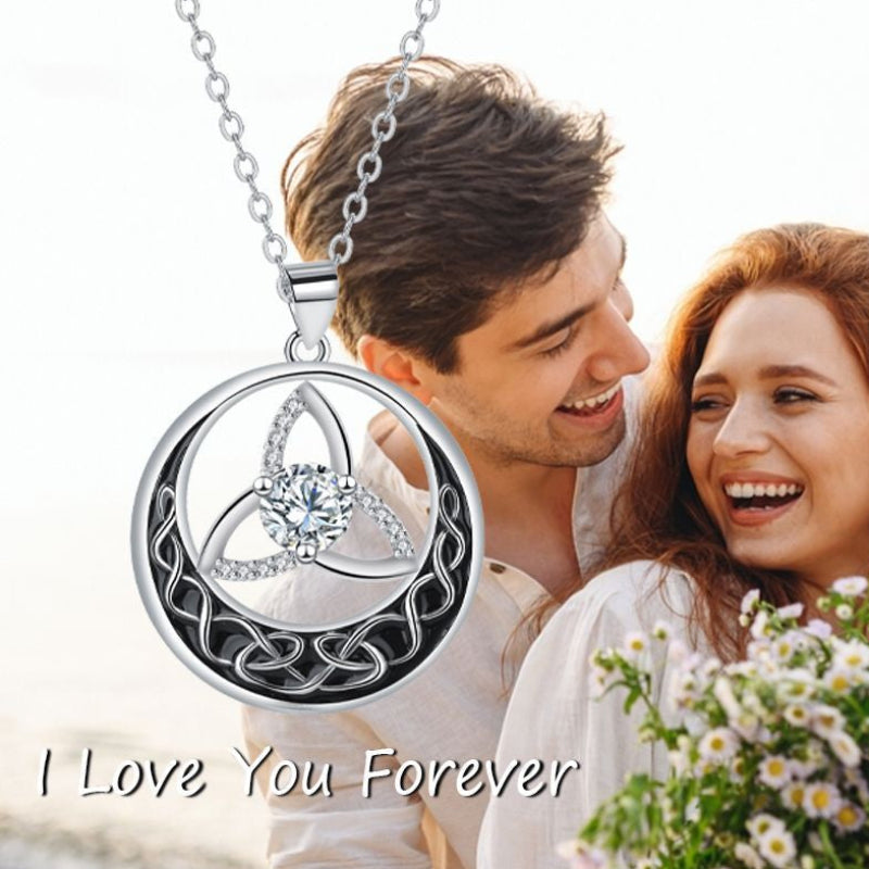 Celtic Trinity Knot Moon Pendant Necklace, S925 Silver, 12 Birthstone Color Options