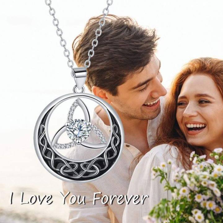 Celtic Trinity Knot Moon Pendant Necklace, S925 Silver, 12 Birthstone Color Options