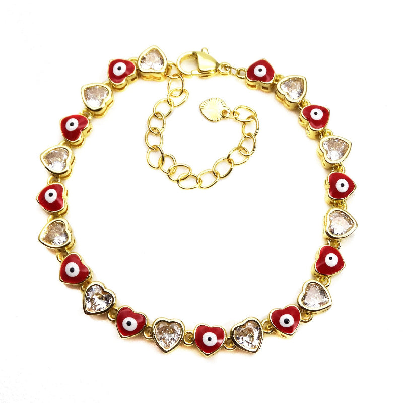 Multi-Color Enamel Evil Eye Heart Diamond Bracelet, Dainty Stackable Protection Symbol Women Coquette Wrist Jewelry