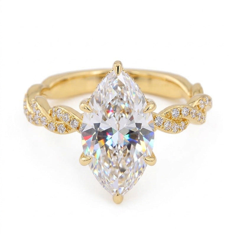 Marquise Diamond Twisted Pave Band Ring, 2 Tone Vine Texture Bridal Solitaire