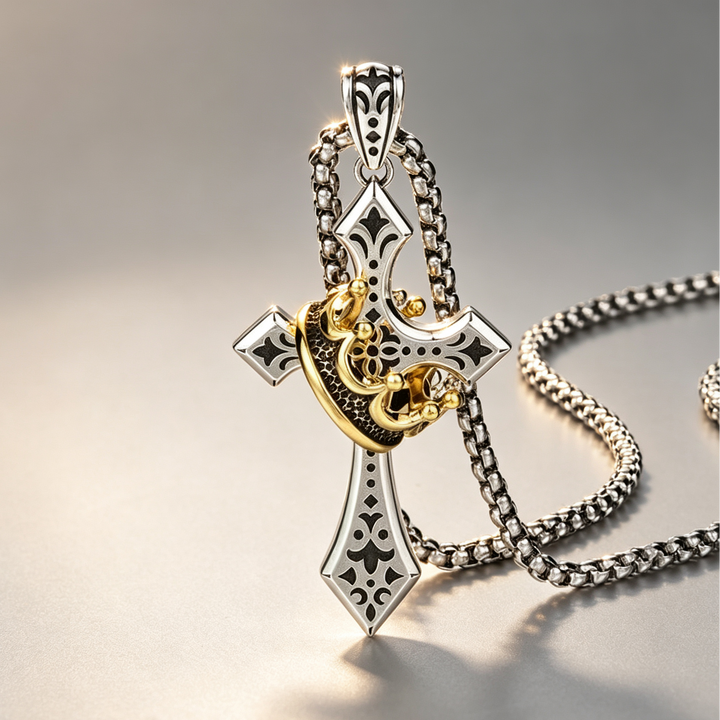 Rotating Crown and Cross Pendant Necklace; Vintage-Style, Non-Fading Clavicle Chain for Men