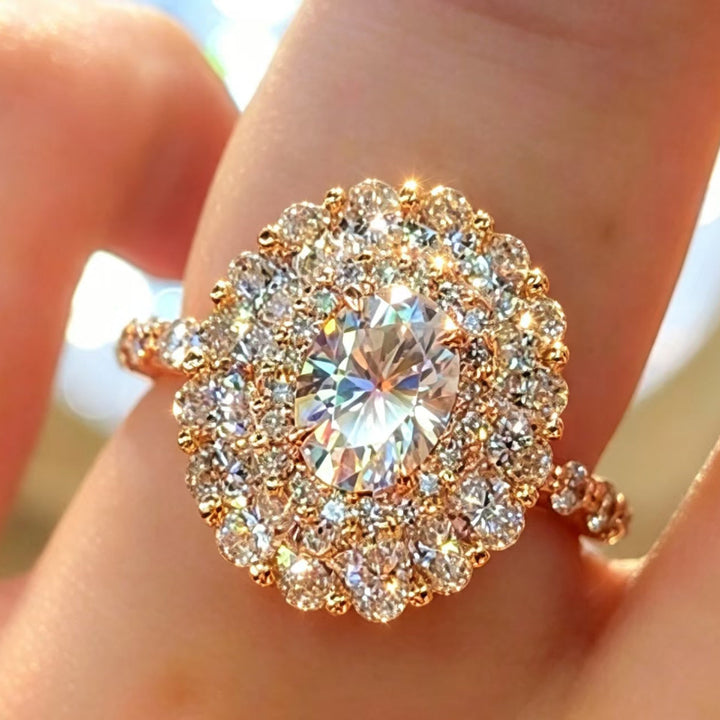 Oval‑Cut Double Halo Diamond Engagement Ring, Rose Gold Tone Women’s Statement Ring